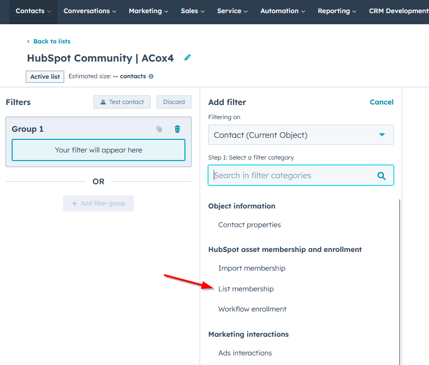 HubSpot Community Exclude Lists from Active List filter HubSpot