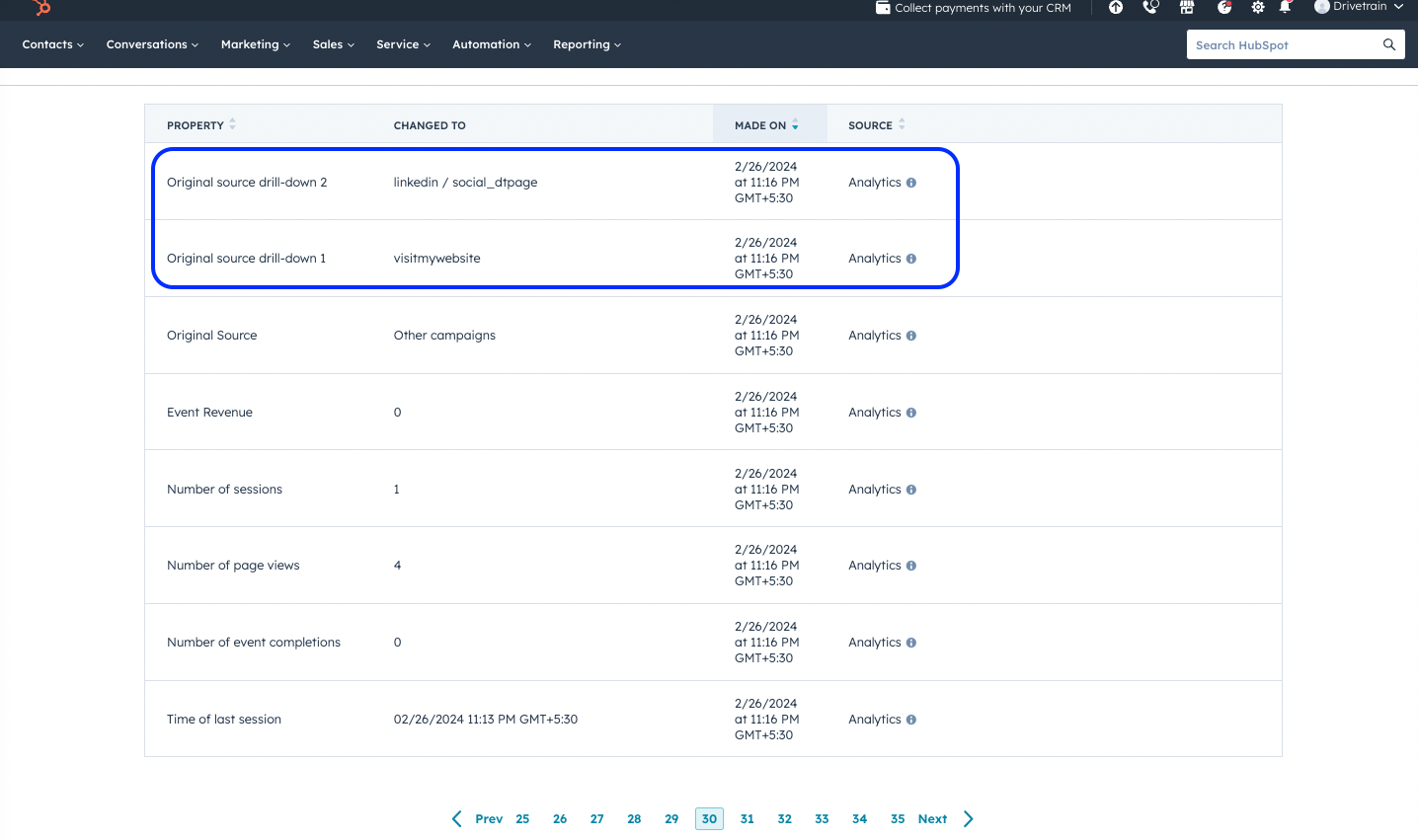 HubSpot Community Original source drilldown 2 and 1 showing in