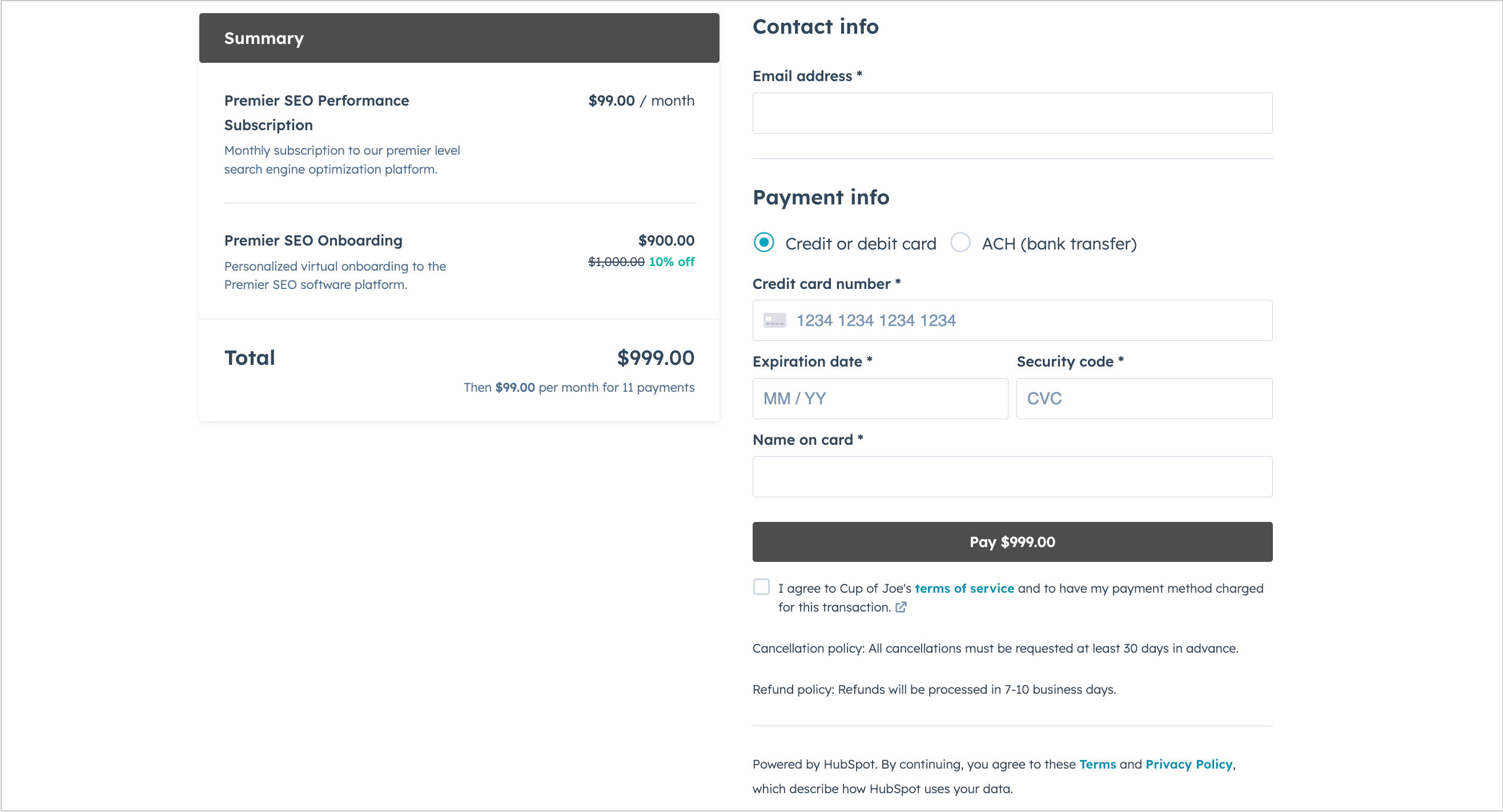 HubSpot Community [Live] Terms of Service URL & Policies for Payments