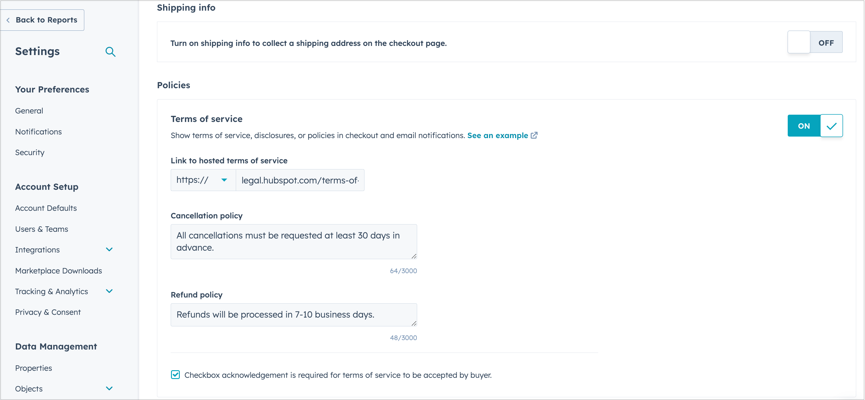 HubSpot Community [Live] Terms of Service URL & Policies for Payments